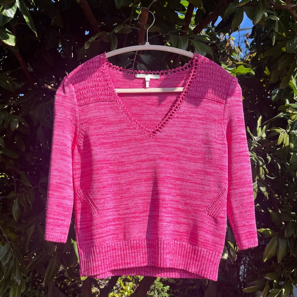 MAJE pink space dye chunky knit v‎ neck short sleeve 3/4 sweater top